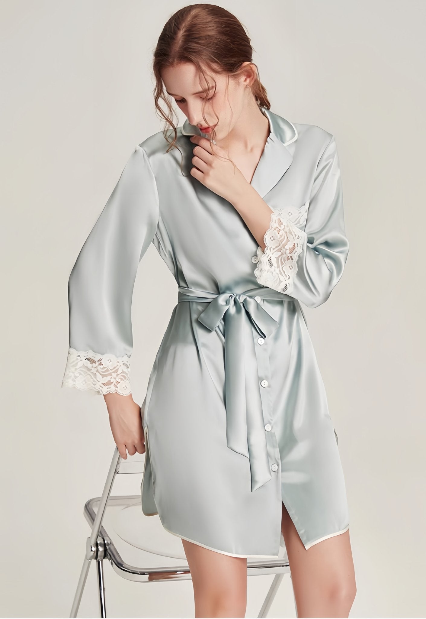 16 Momme Lace - trimmed silk shirt nightgown - ErosLace