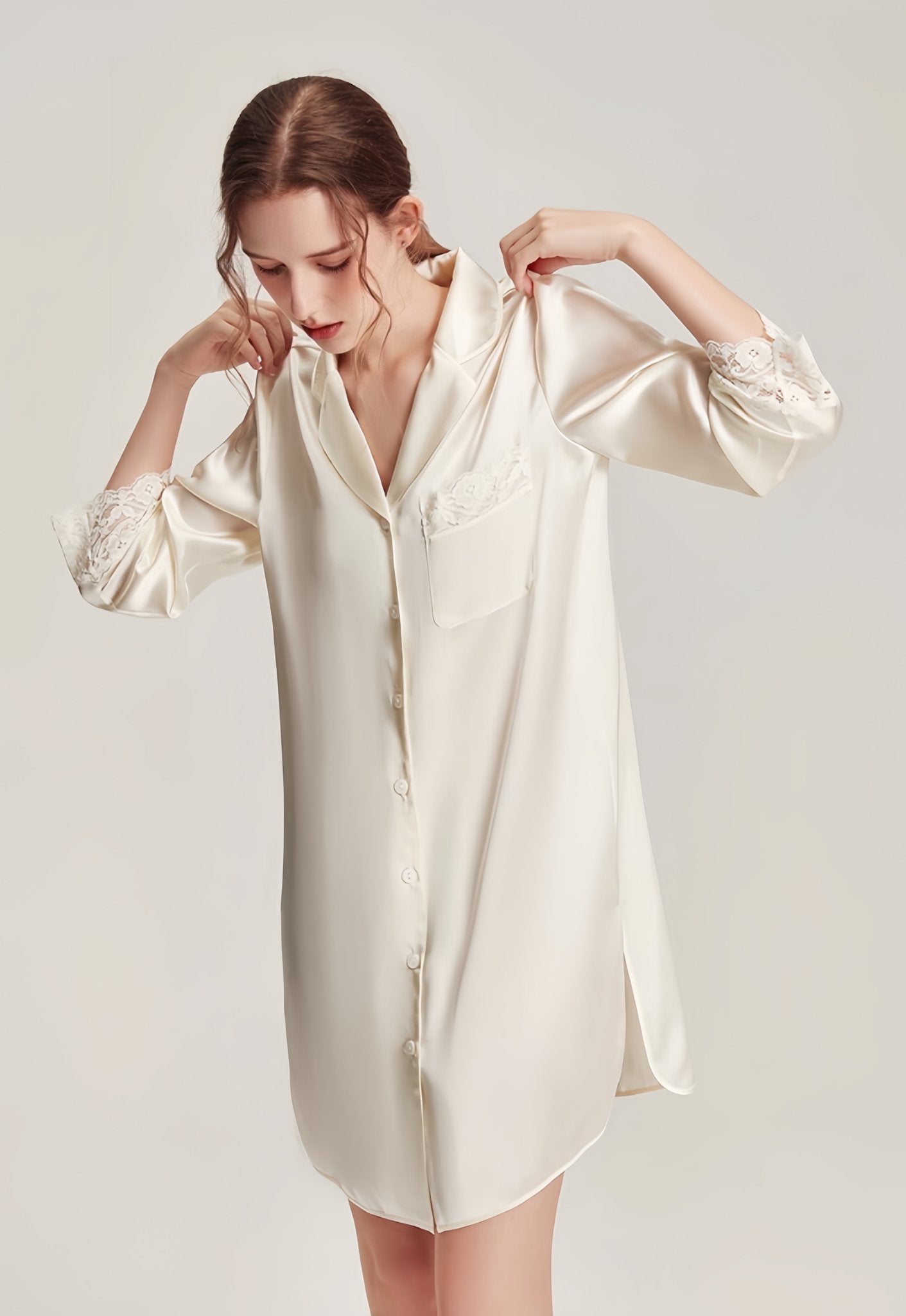 16 Momme Lace - trimmed silk shirt nightgown - ErosLace