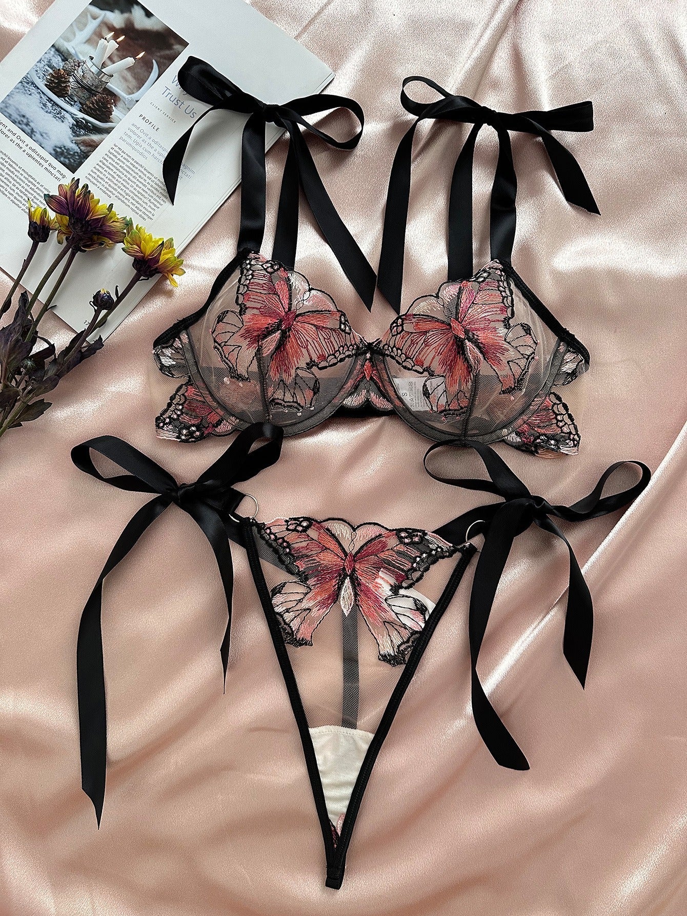 Butterfly embroidered mesh see - through underwear set - ErosLace