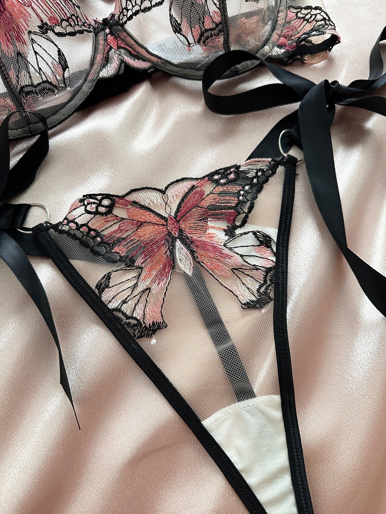 Butterfly embroidered mesh see - through underwear set - ErosLace