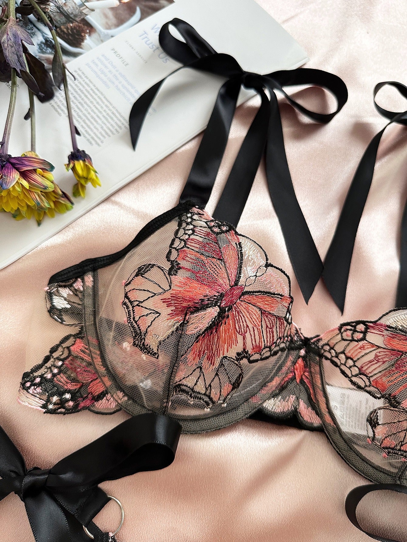 Butterfly embroidered mesh see - through underwear set - ErosLace