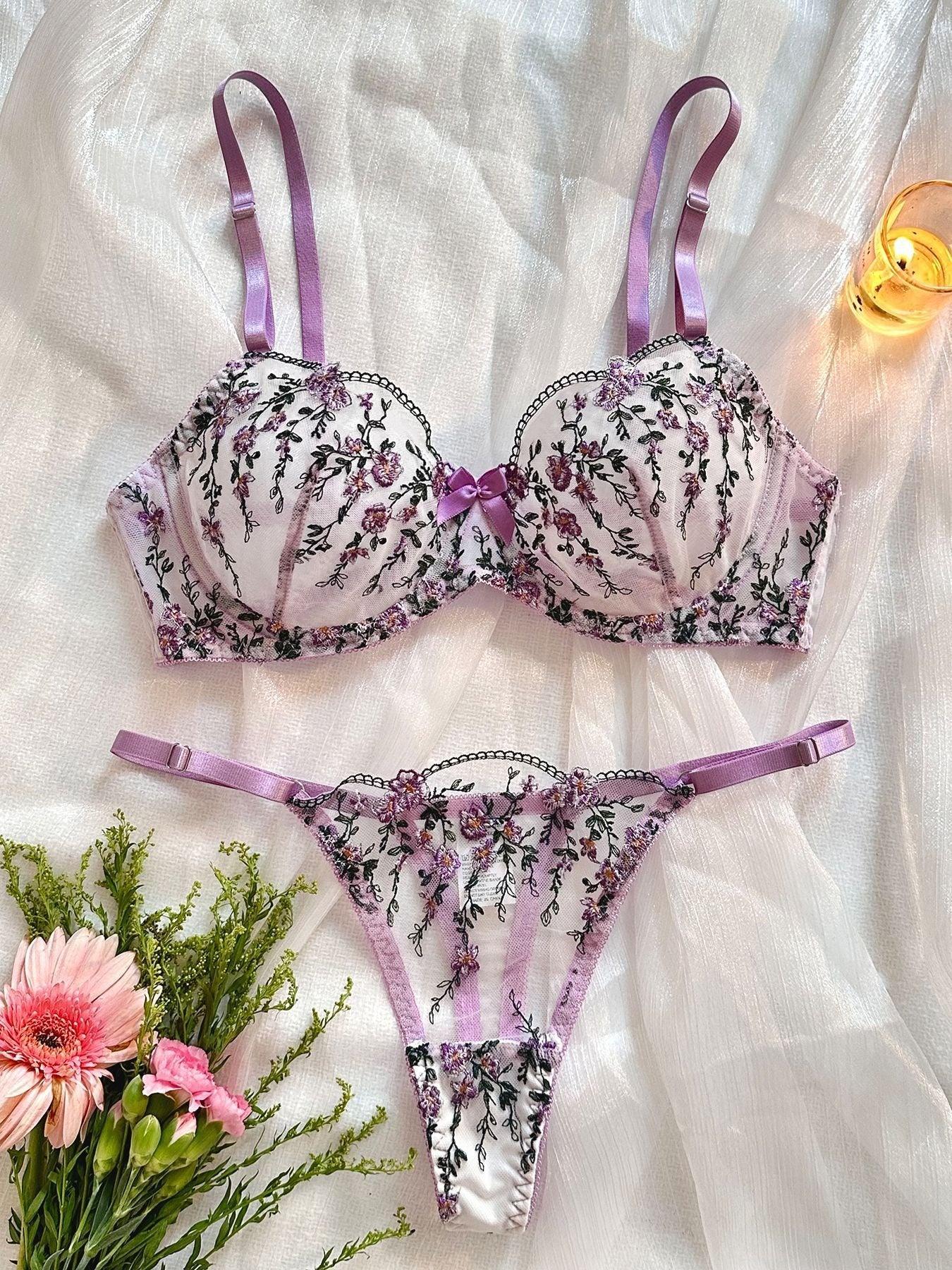 Elegant Floral Embroidered Sheer Mesh Lingerie Set - Tempting & Alluring - ErosLace