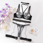 Embroidered Handmade Sheer Halter Lingerie Set with Metal Chains - 5 Pieces - ErosLace