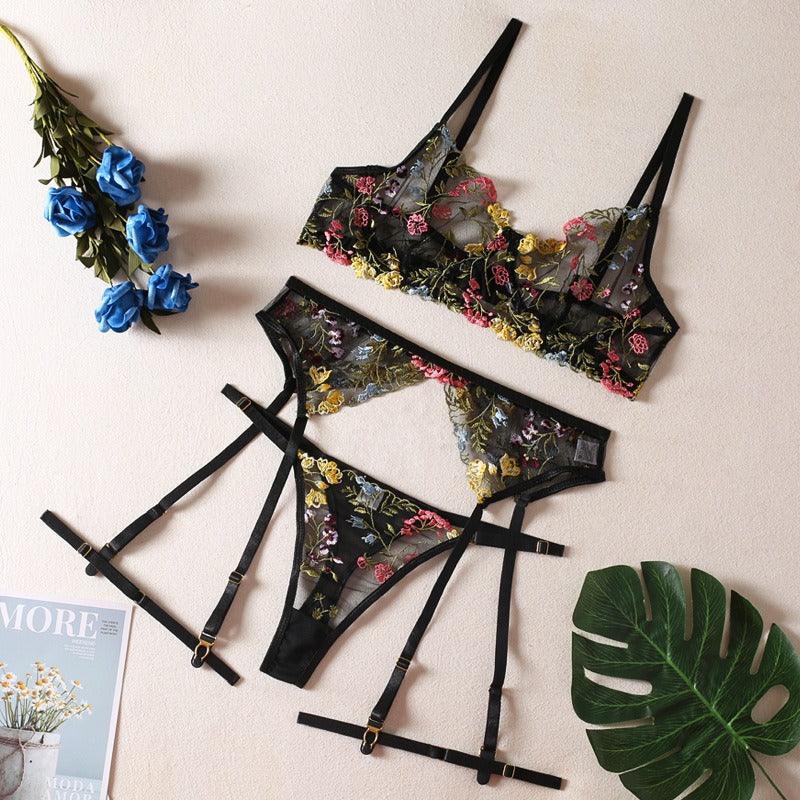 Embroidered multi-color floral erotic lingerie set of four - ErosLace