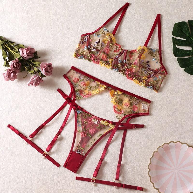 Embroidered multi-color floral erotic lingerie set of four - ErosLace