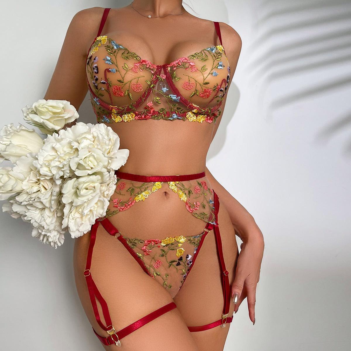 Embroidered multi-color floral erotic lingerie set of four - ErosLace