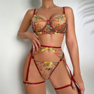 Embroidered multi-color floral erotic lingerie set of four - ErosLace