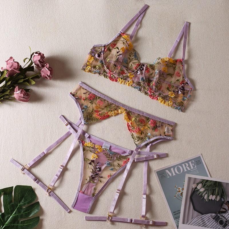 Embroidered multi-color floral erotic lingerie set of four - ErosLace