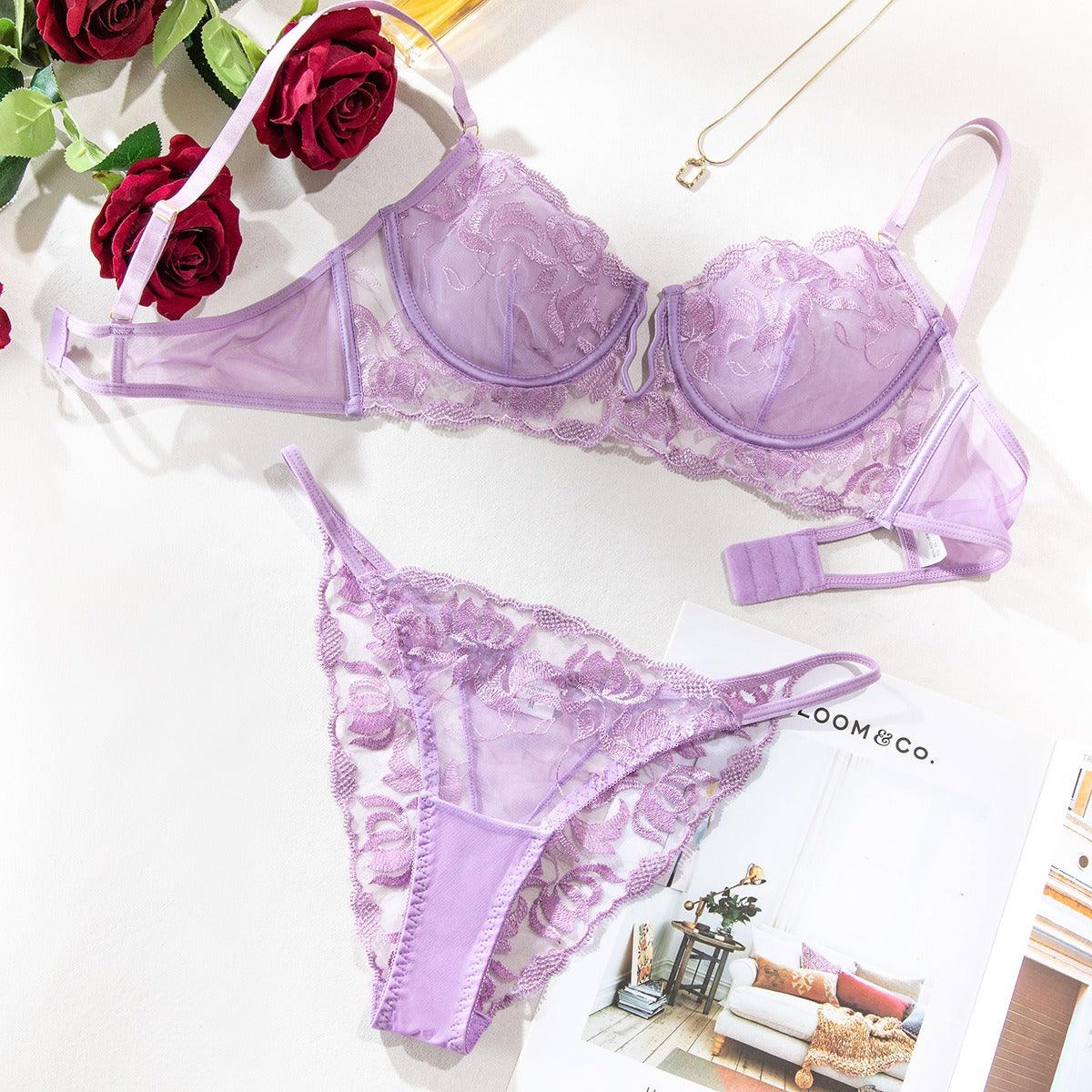 Embroidered Romantic Low V-Neck Sexy Lingerie Set - ErosLace