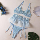 Embroidered Sheer Ruffle Lingerie Set with Garter Belt - 3 Pieces - ErosLace