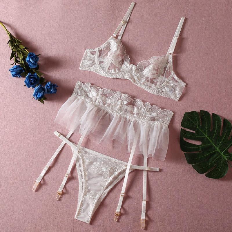 Embroidered Sheer Ruffle Lingerie Set with Garter Belt - 3 Pieces - ErosLace