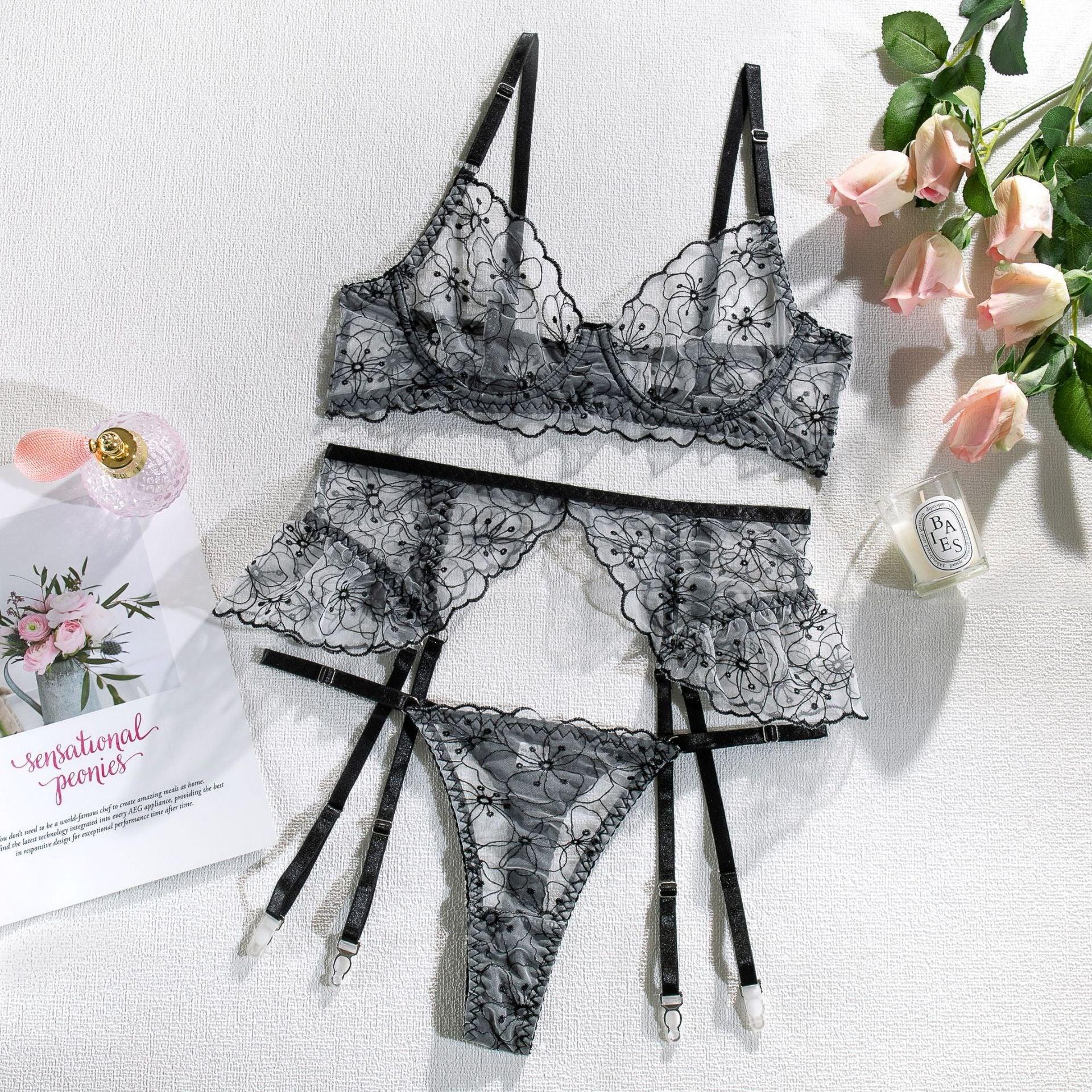 Embroidered Sheer Ruffle Underwire Lingerie Set - 3 Pieces - ErosLace