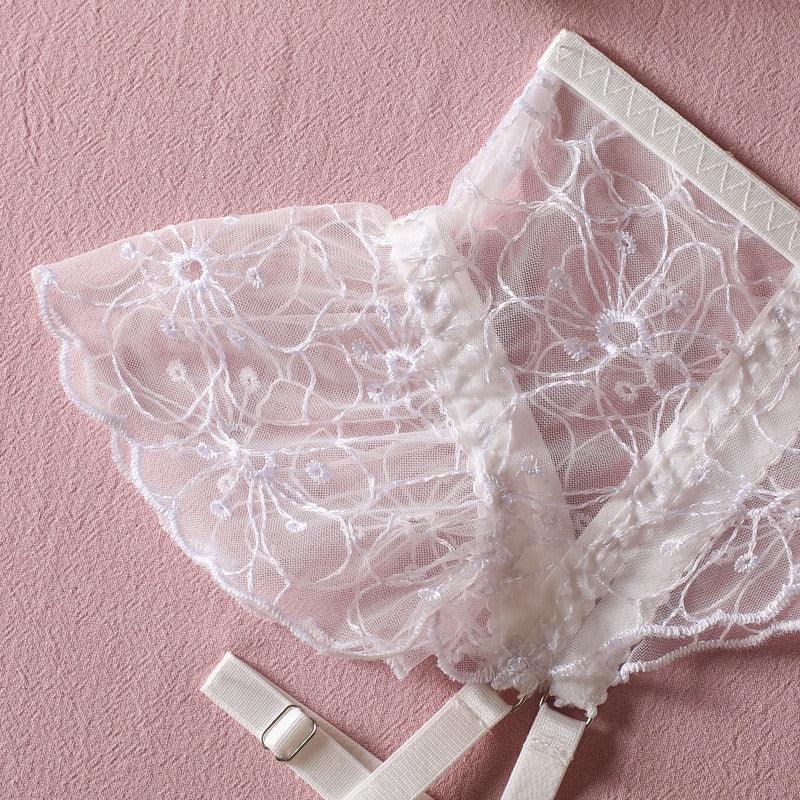 Embroidered Sheer Ruffle Underwire Lingerie Set - 3 Pieces - ErosLace