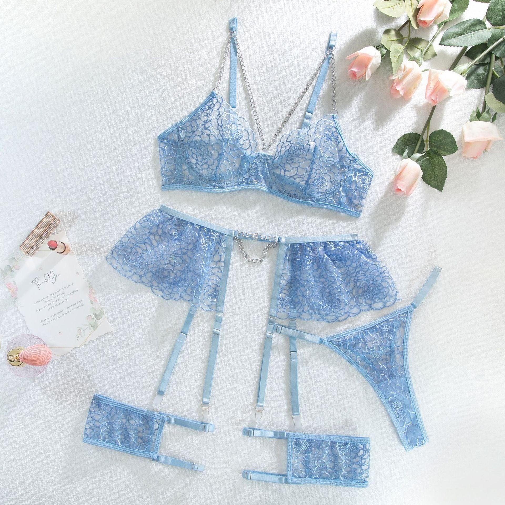 Embroidered Skirted Lingerie Set with Metal Chains and Leg Rings - 4 Pieces - ErosLace