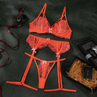 Fluorescent orange embroidered hollow underwear set - ErosLace