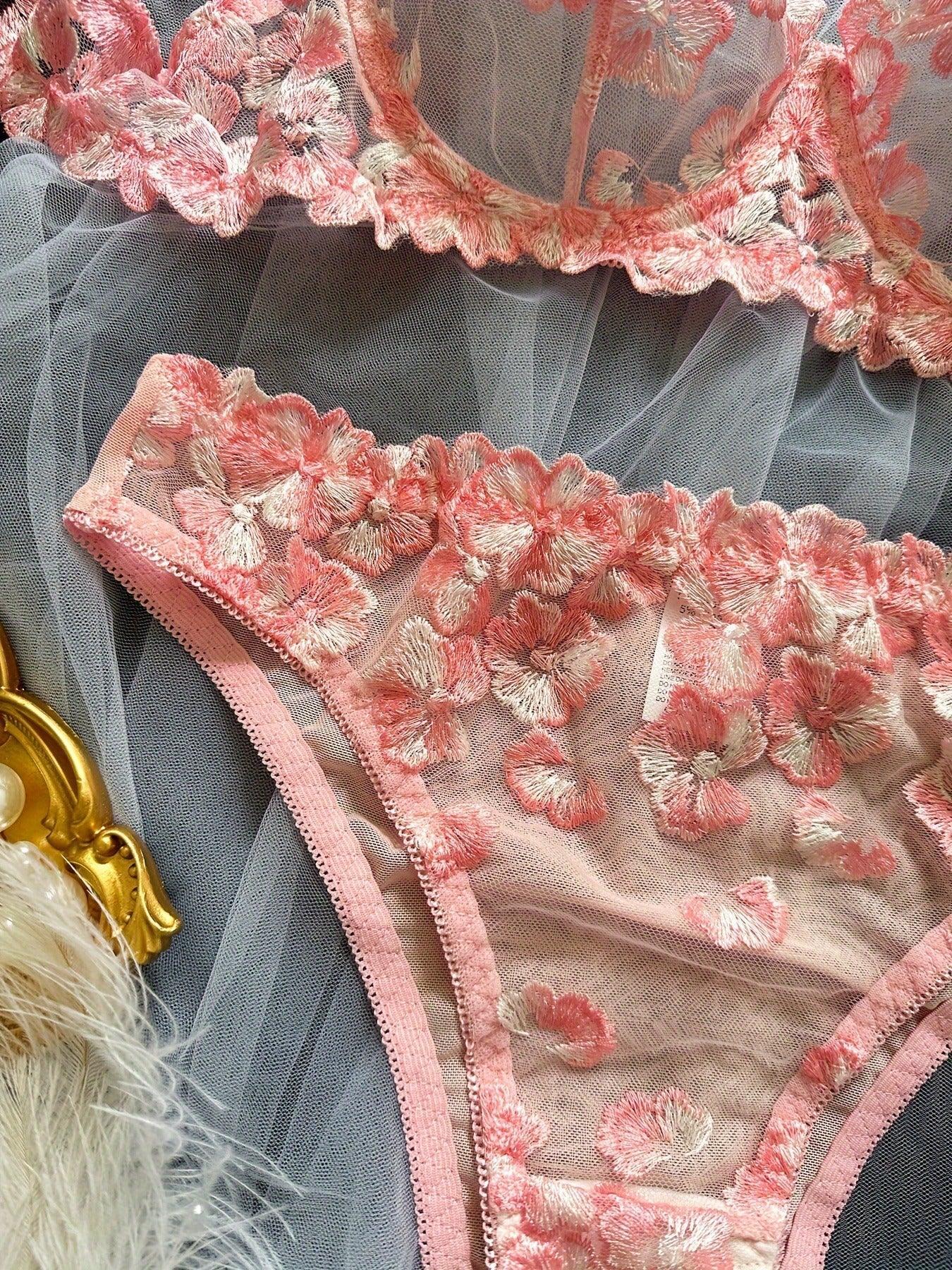 French Floral Embroidered Sheer Lingerie Set - Sensual & Youthful - ErosLace