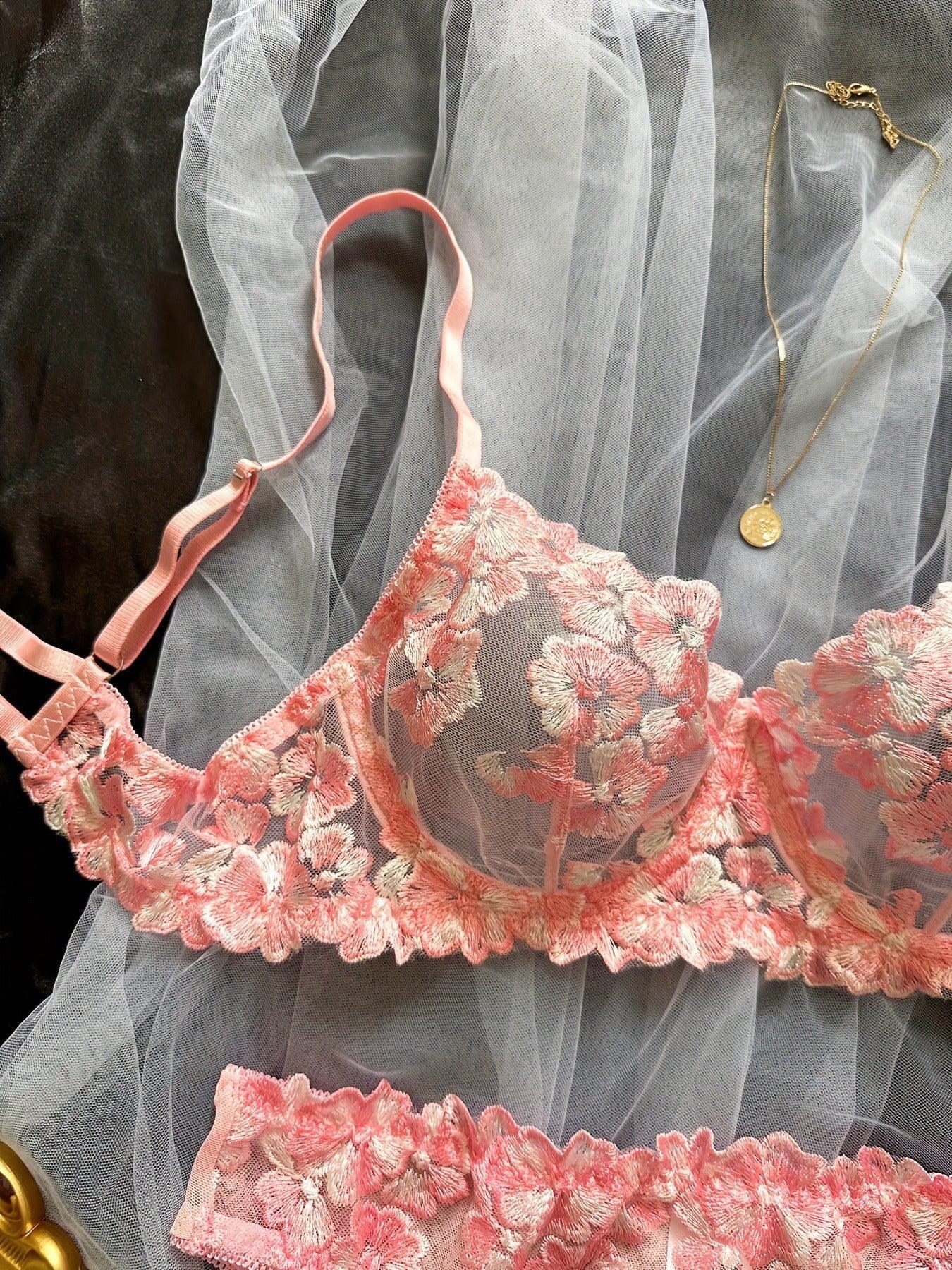 French Floral Embroidered Sheer Lingerie Set - Sensual & Youthful - ErosLace