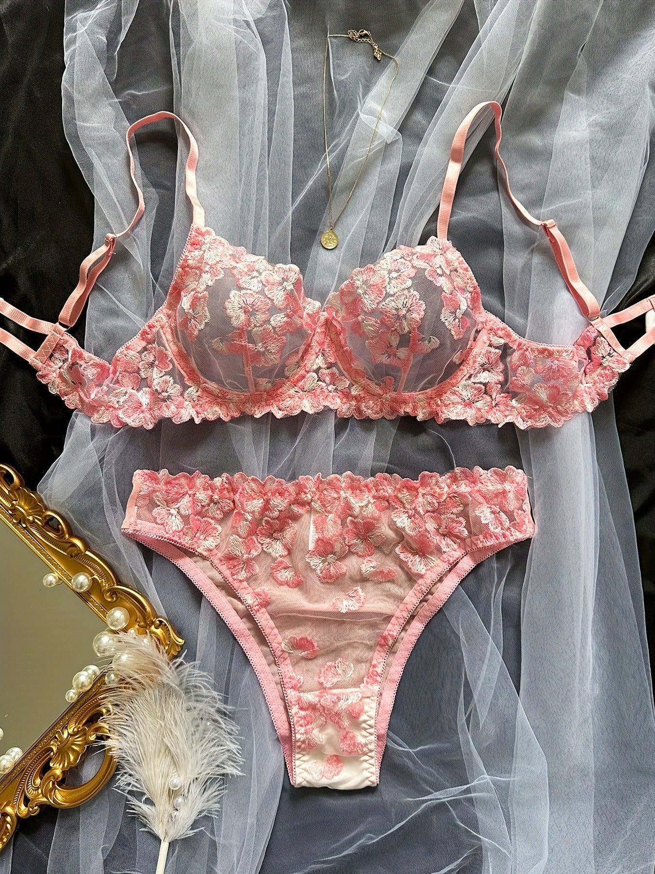 French Floral Embroidered Sheer Lingerie Set - Sensual & Youthful - ErosLace