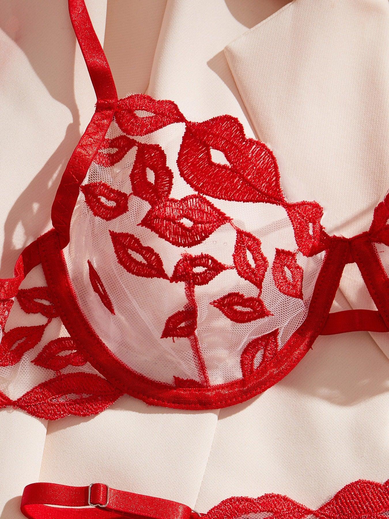 French-style Sexy Red Lip Embroidered Underwire Lingerie Set - ErosLace