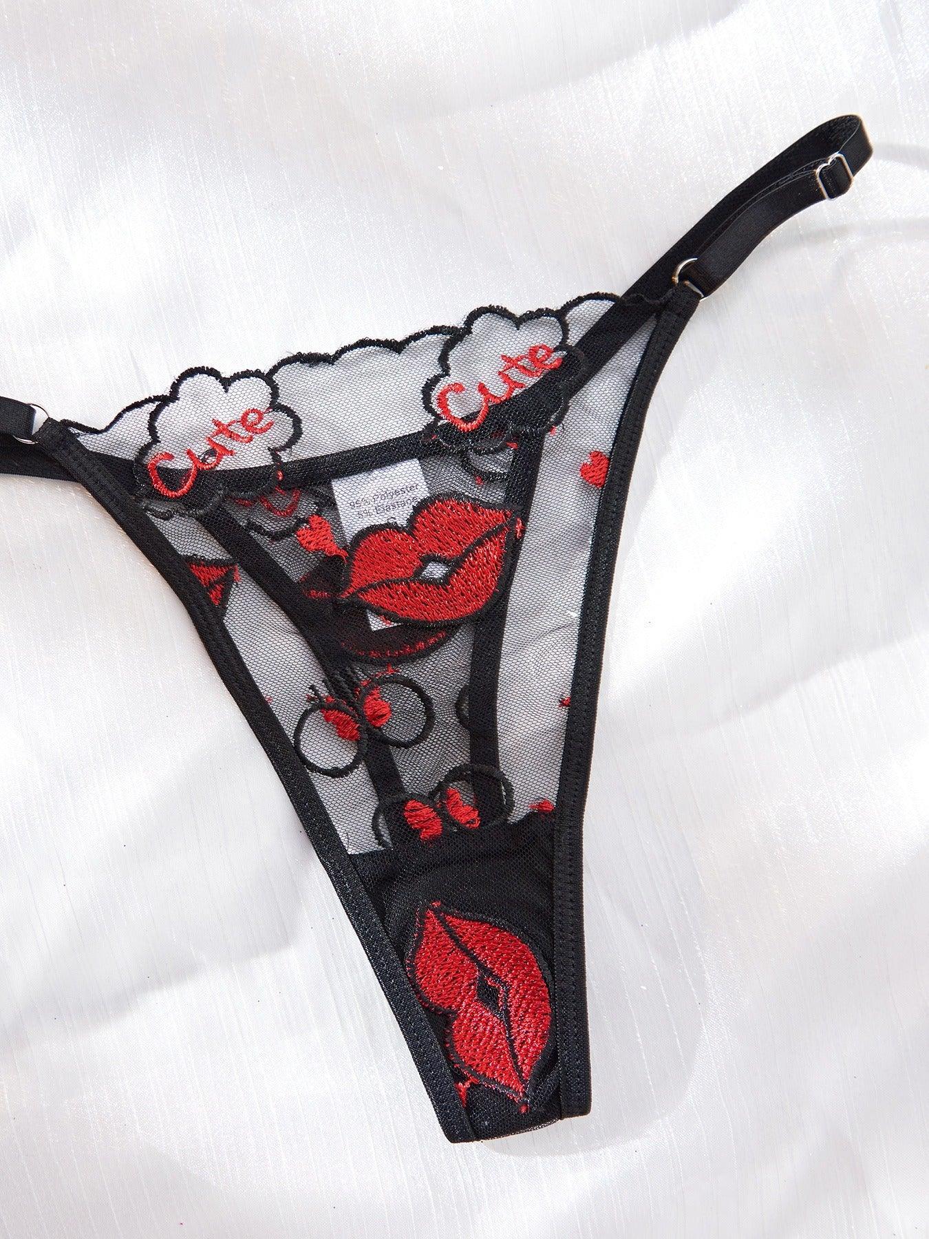 Hot and Sexy Red Lips Embroidered Lingerie Set - ErosLace