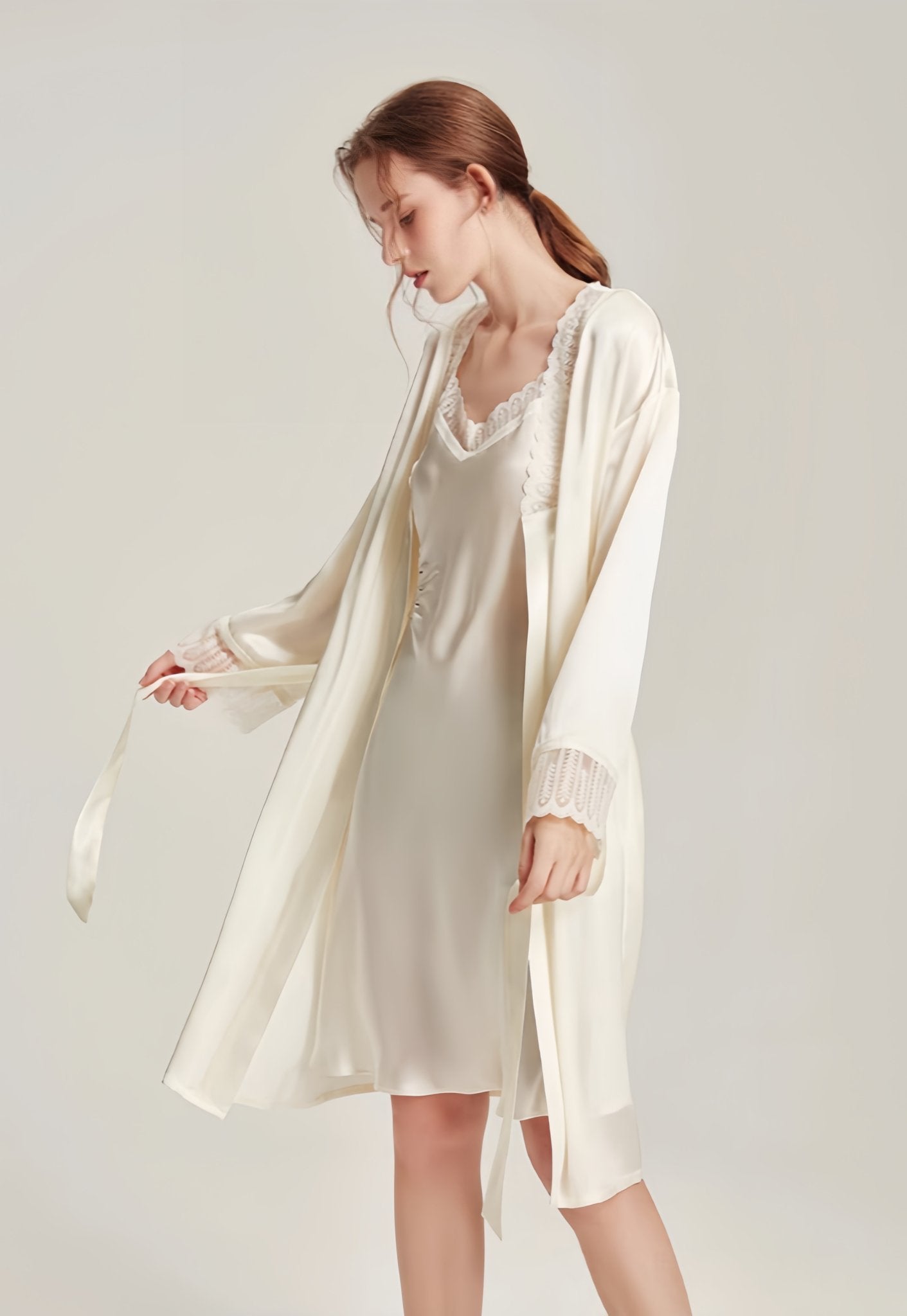 Lace trimmed silk pajama set - ErosLace