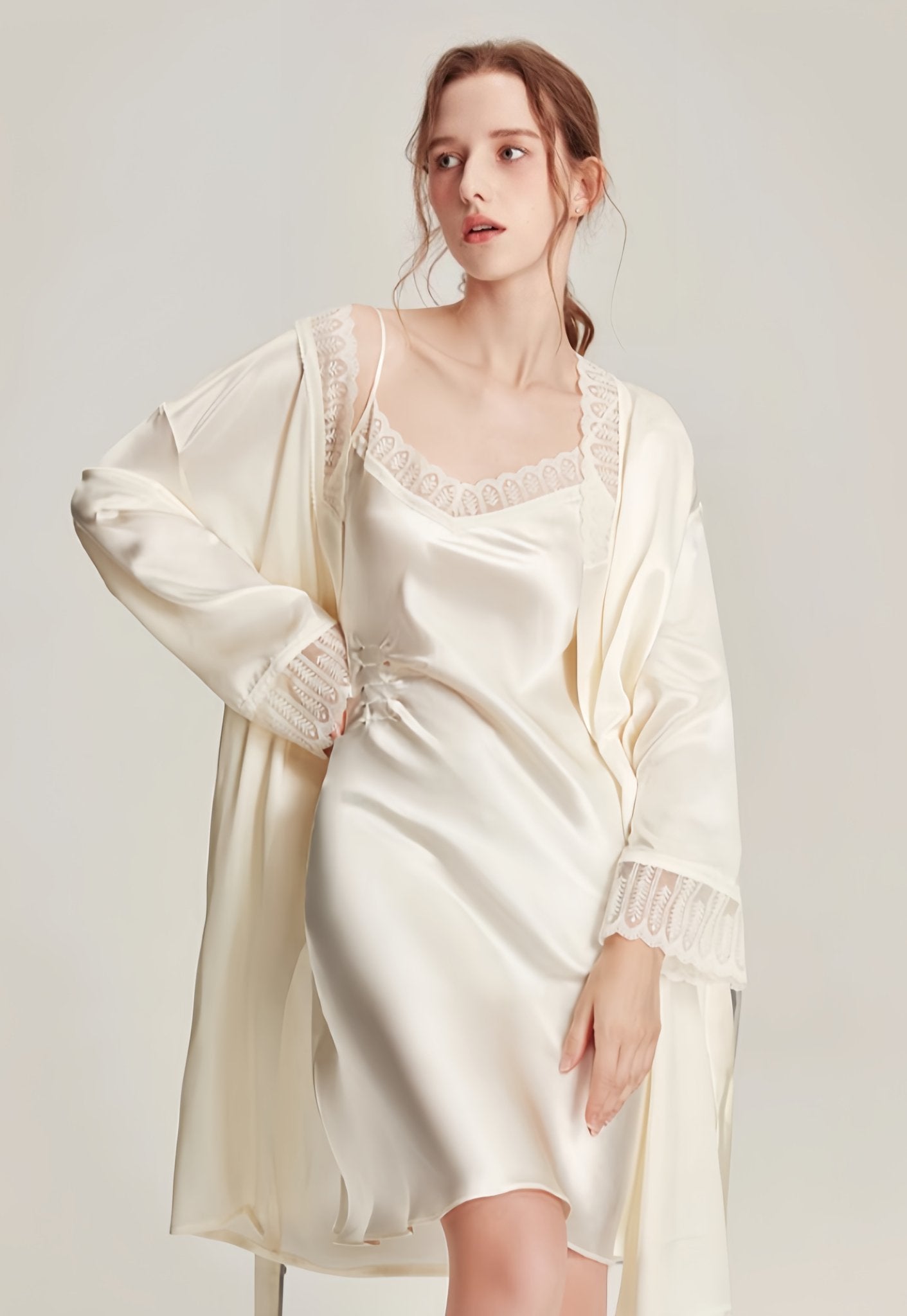 Lace trimmed silk pajama set - ErosLace