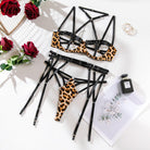 Leopard Print Intricate Strappy Lingerie Set - 3 Pieces - ErosLace