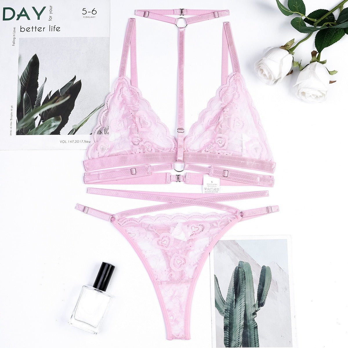 Pink cute style lace see - through underwear set - ErosLace