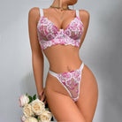 Pink Embroidered Plunge Underwire Push-Up Sheer Sexy Lingerie Set - ErosLace