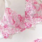 Pink Embroidered Plunge Underwire Push-Up Sheer Sexy Lingerie Set - ErosLace