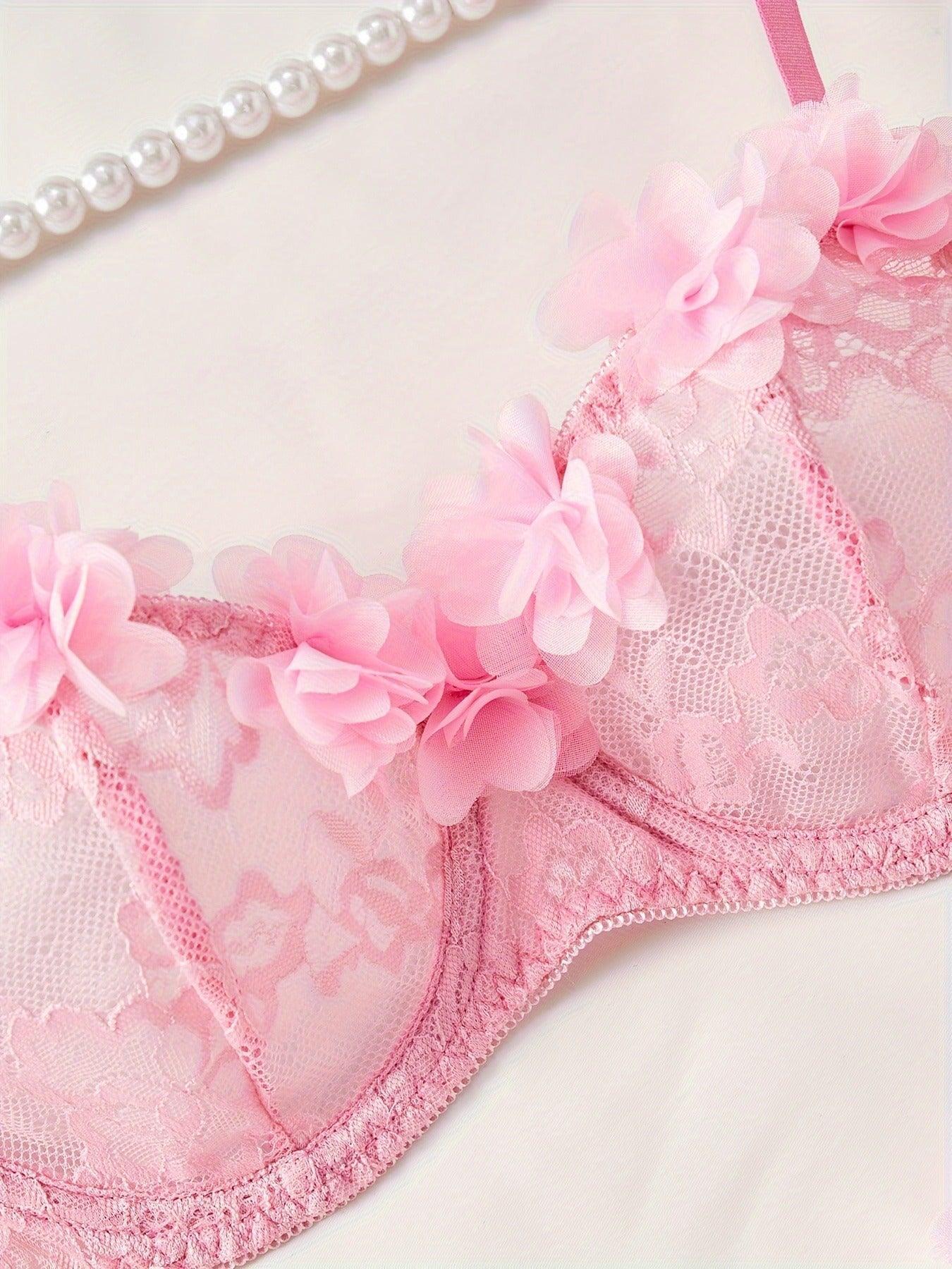 Pure Desire Set: Lace Pink Floral Trim Three-Piece Sexy Thong - ErosLace