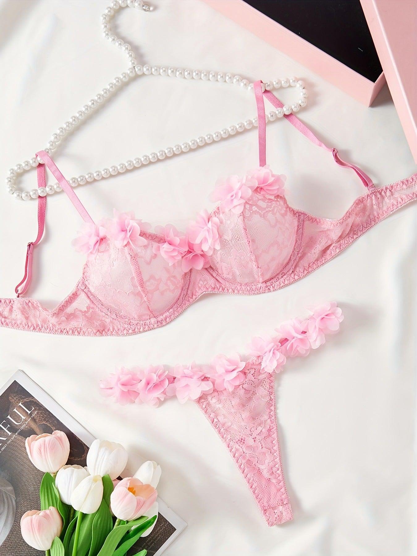 Pure Desire Set: Lace Pink Floral Trim Three-Piece Sexy Thong - ErosLace