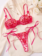 Romantic Heart Embroidered Sheer Mesh Underwire Lingerie Set - ErosLace