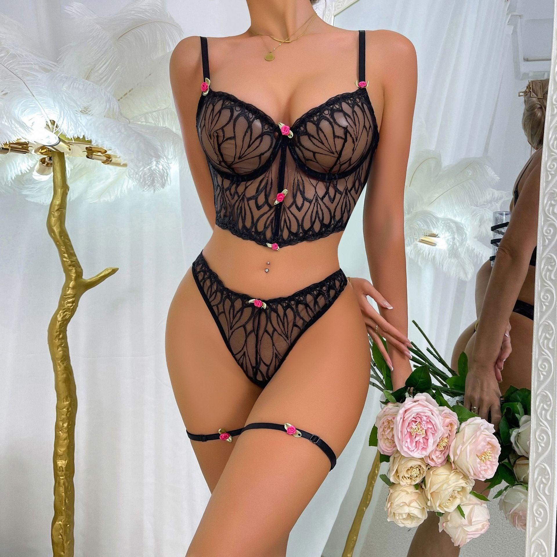 Sexy Boned Floral Embroidered Sheer Camisole Bra and Thong Set with Strappy Back - ErosLace