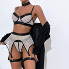 Sexy Fishnet Sheer Halter Colorblock Underwire Lingerie Set - 4 Pieces - ErosLace