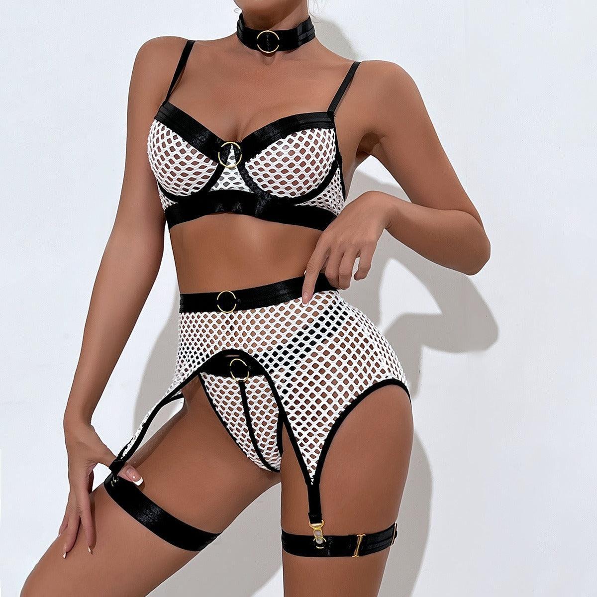 Sexy Fishnet Sheer Halter Colorblock Underwire Lingerie Set - 4 Pieces - ErosLace