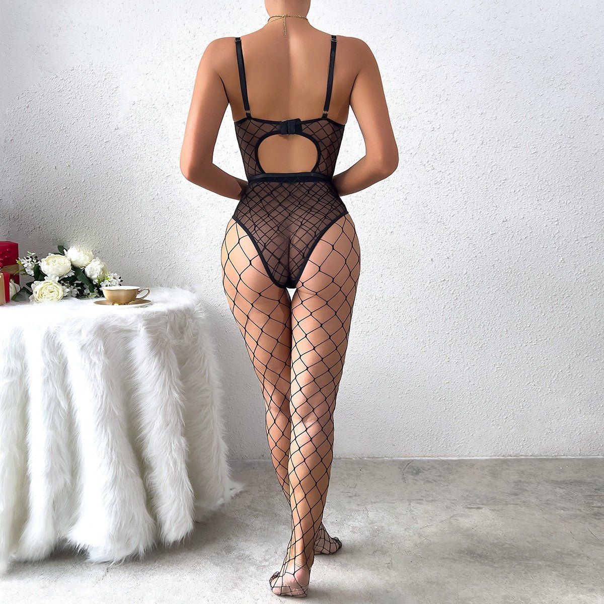 Sexy mesh stitching black PU leather one - piece suit - ErosLace