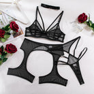 Sheer Hollow-Out Lingerie Set with Garter Belt and Choker - 4 Pieces - ErosLace