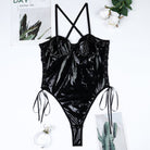 Solid color PU patent leather side waist strap bodysuit - ErosLace