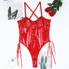 Solid color PU patent leather side waist strap bodysuit - ErosLace