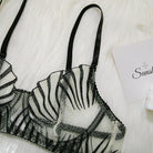 Striped Embroidered Underwire Lingerie Set - 3 Pieces, Nightclub Temptation - ErosLace