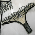 Striped Embroidered Underwire Lingerie Set - 3 Pieces, Nightclub Temptation - ErosLace