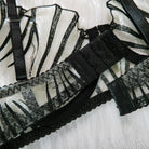 Striped Embroidered Underwire Lingerie Set - 3 Pieces, Nightclub Temptation - ErosLace