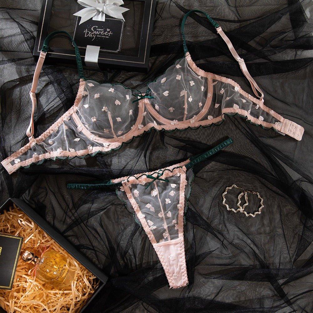 Transparent embroidered pink floral underwear set - ErosLace